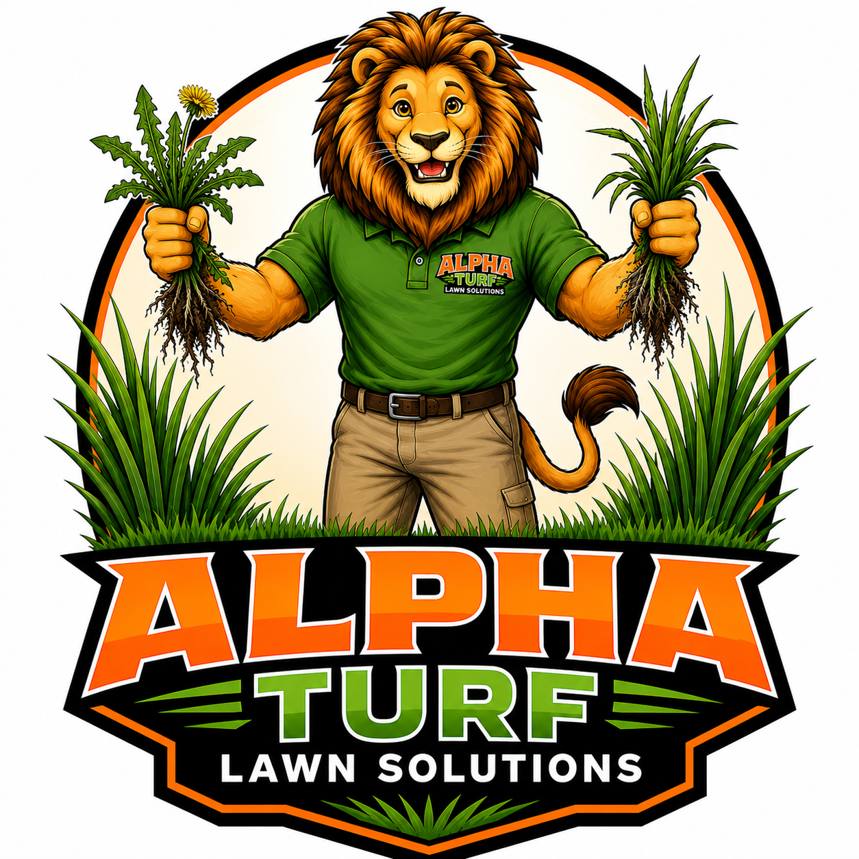 AlphaTurf lion mascot pulling weeds